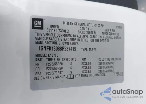 2008 Chevrolet Tahoe Ltz from USA, damaged, VIN 1GNFK13088R237419